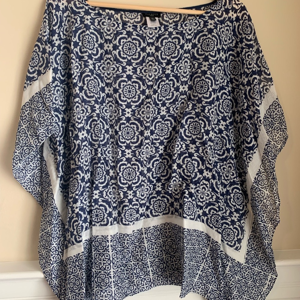 Talbots blue and white silk blend poncho scarf top